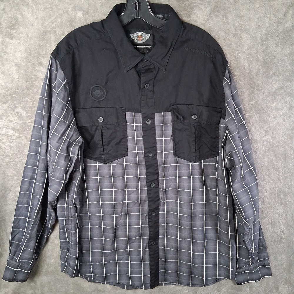 Harley Davidson Shirt Mens XL Black Gray Plaid Button Up Long Sleeve Embroidered